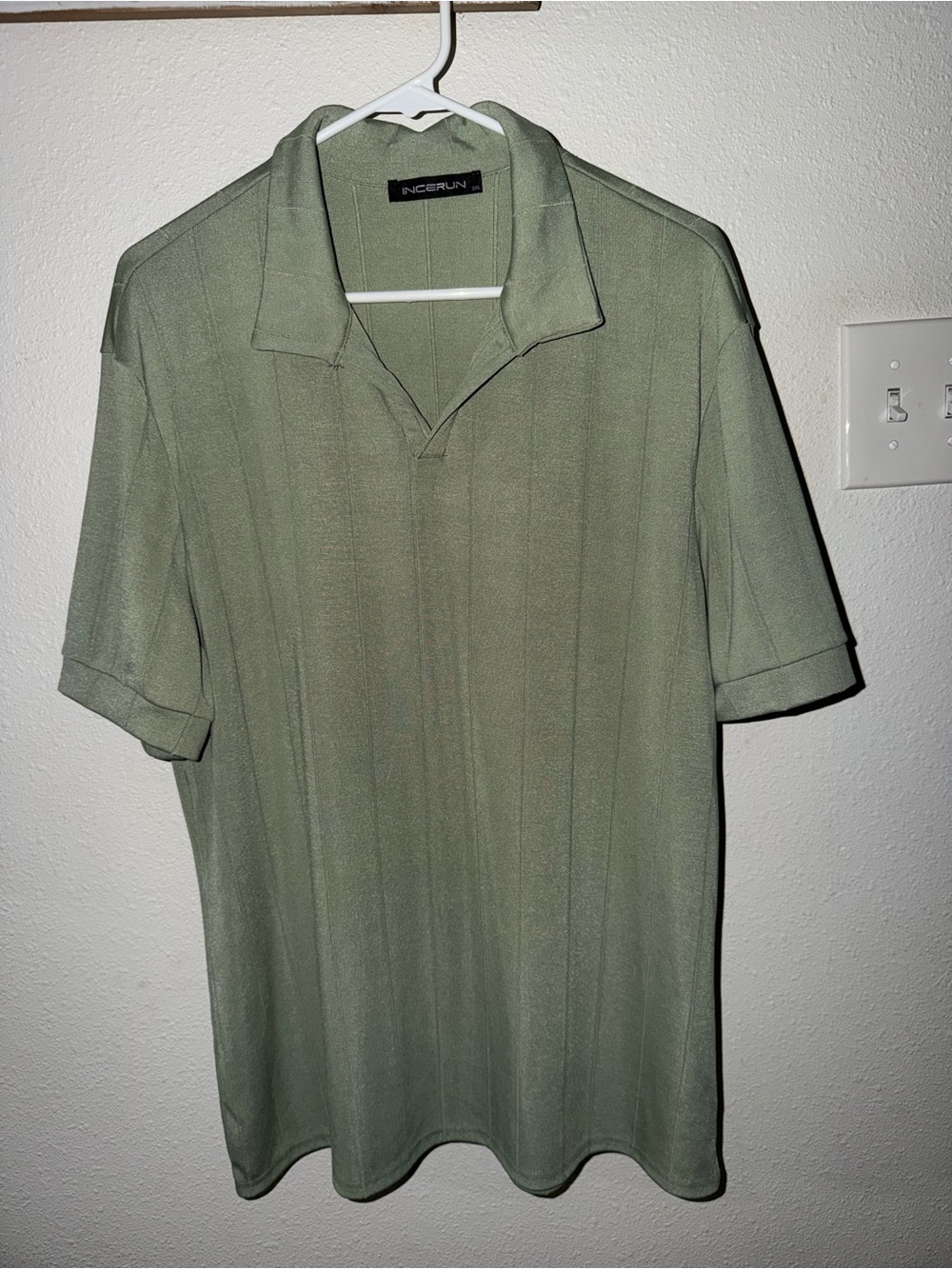 INCERUN Men’s 2XL Sage Green Ribbed Knit Open Collar Polo Shirt Stretch